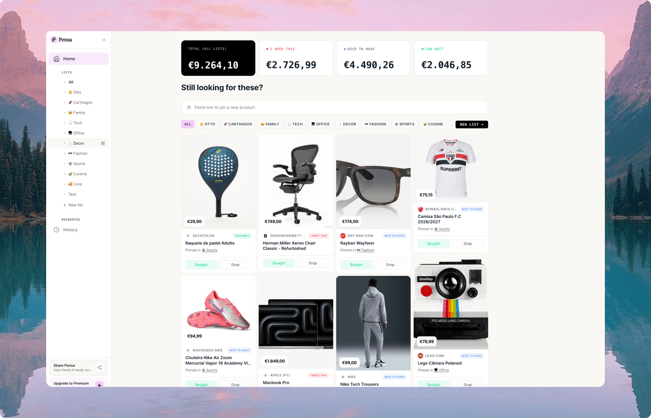 Pensa dashboard showing wishlist items organized by priority with spending totals